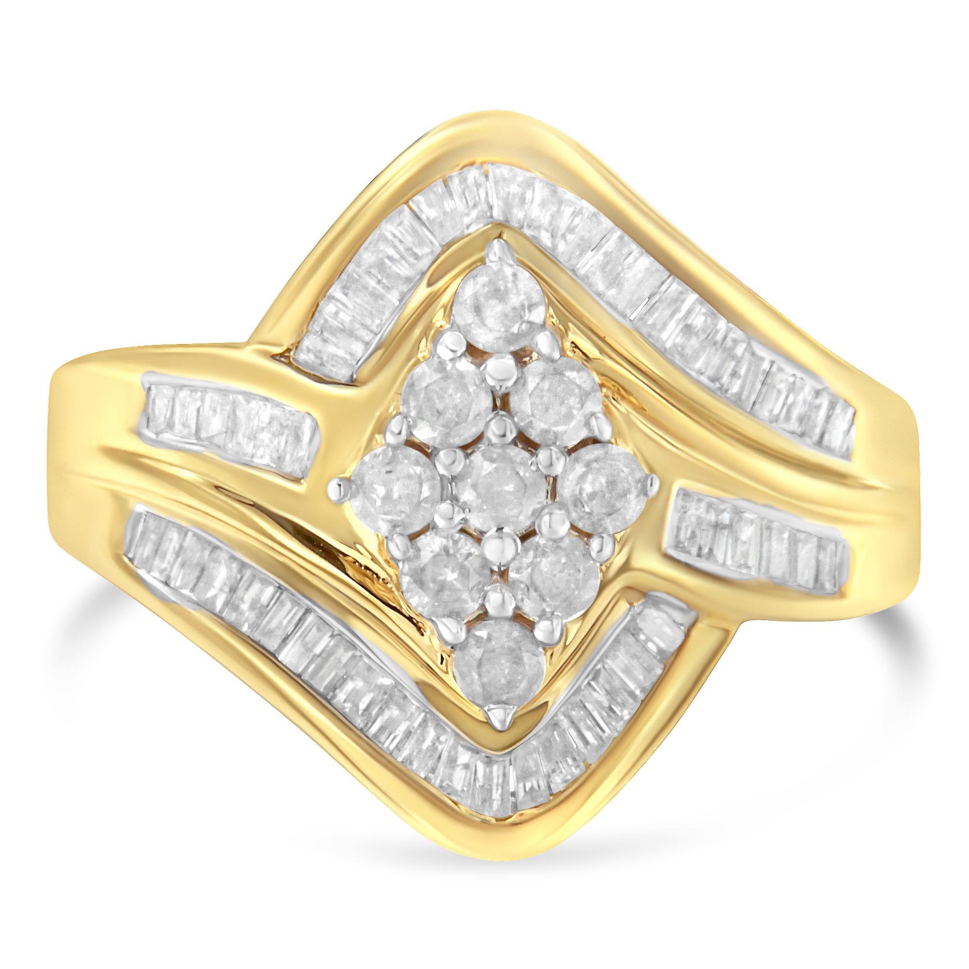 Front angle view of a yellow metal ring featuring a cluster of round white gemstones in prong settings at the center, surrounded by two curved rows of channel-set baguette white gemstones.
