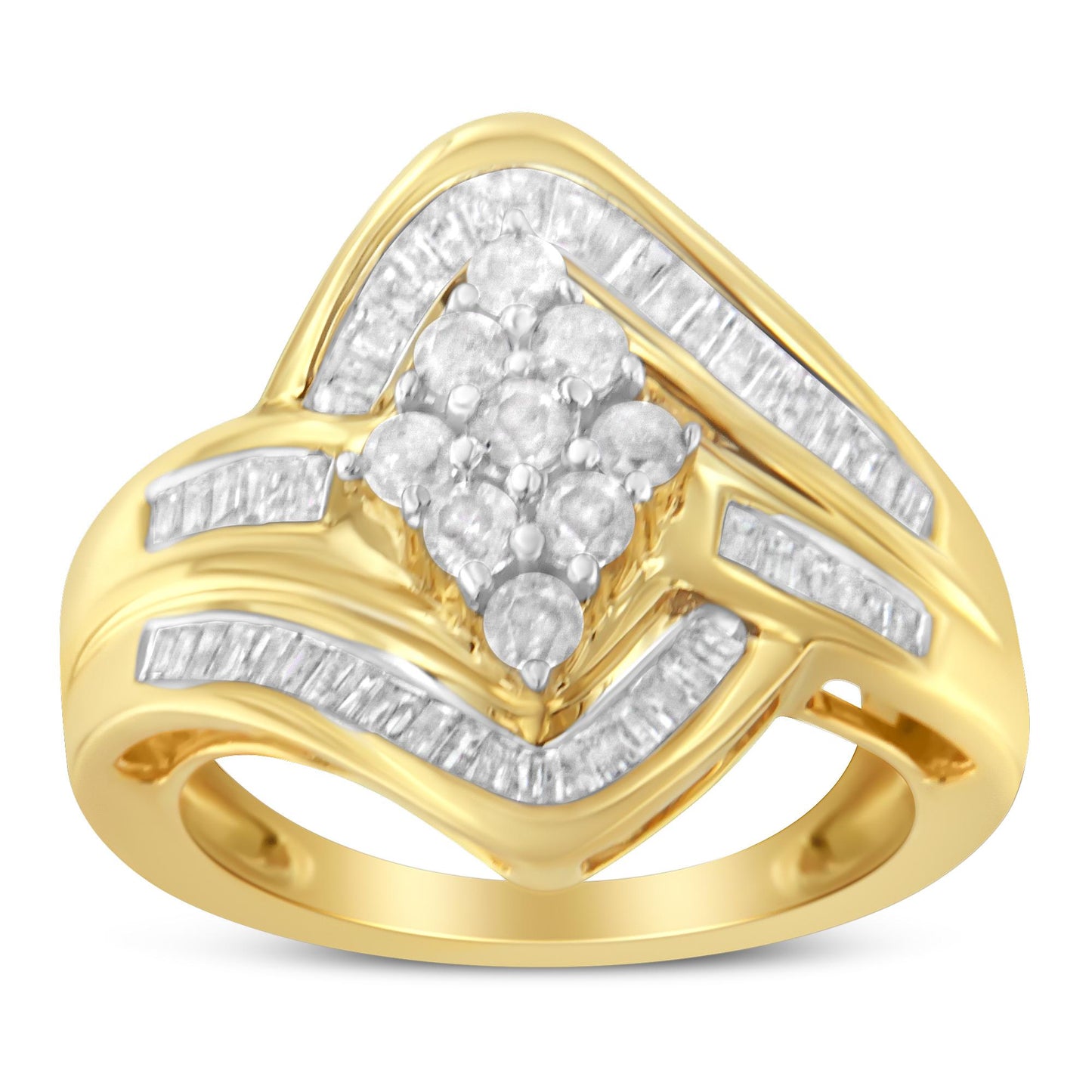 Yellow metal ring with a cluster of round white gemstones in prong settings at the center, surrounded by white baguette gemstones in channel settings along the band, shown in a front angled view.