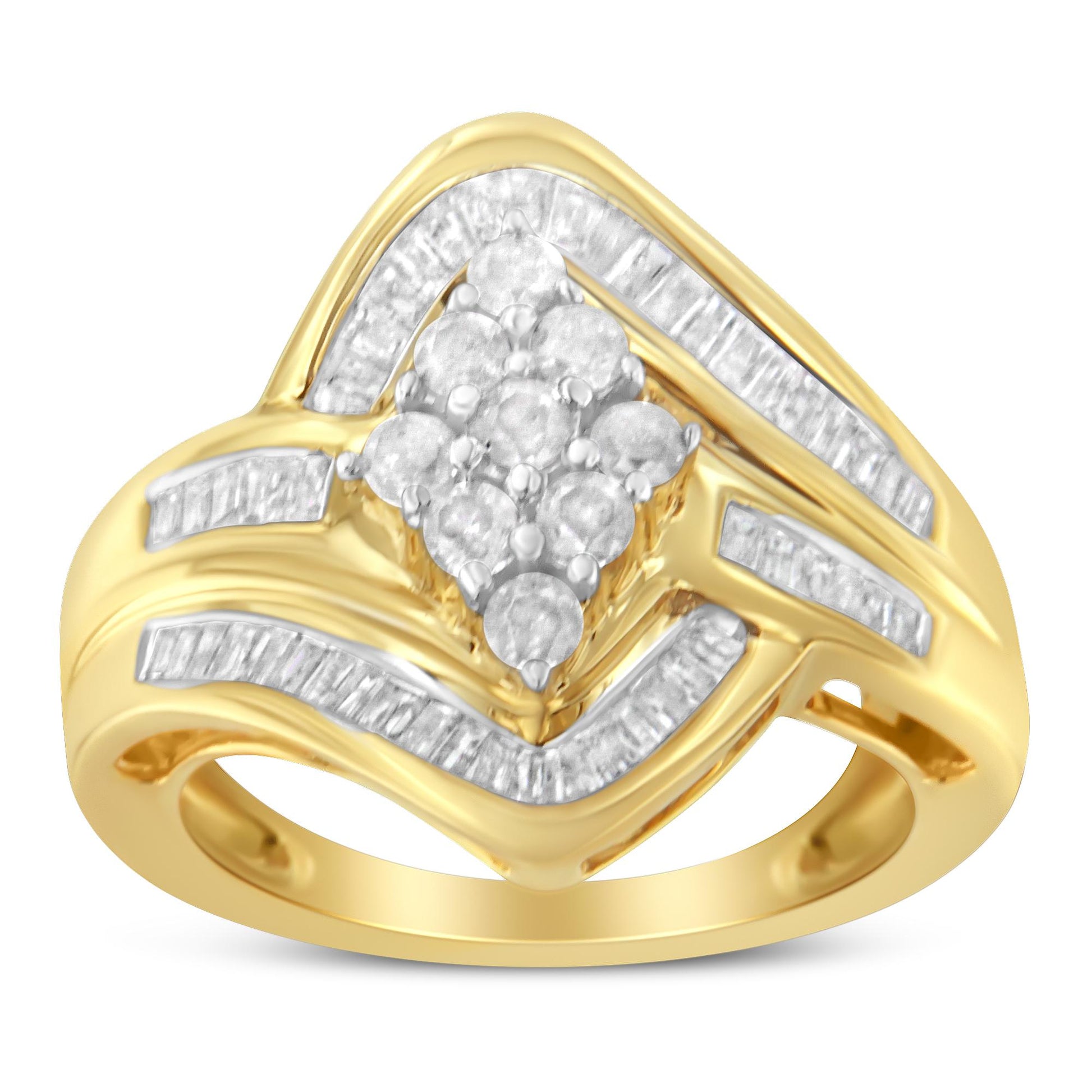 Yellow metal ring with a cluster of round white gemstones in prong settings at the center, surrounded by white baguette gemstones in channel settings along the band, shown in a front angled view.