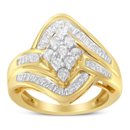 Yellow metal ring with a cluster of round white gemstones in prong settings at the center, surrounded by white baguette gemstones in channel settings along the band, shown in a front angled view.