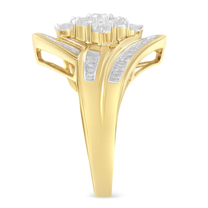 Close-up side view of a yellow metal ring featuring round white gemstones in prong settings arranged in a cluster on top, and baguette white gemstones in channel settings decorating the band.
