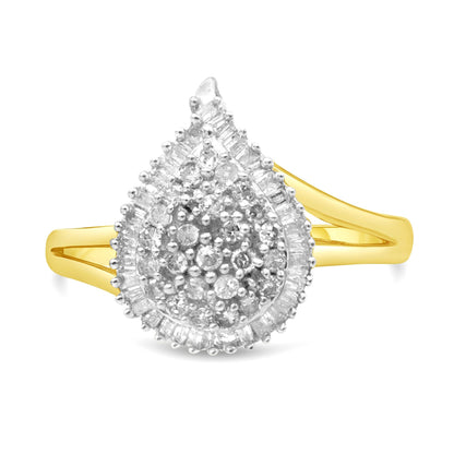 Front-facing shot of a yellow metal ring featuring a pear-shaped cluster of white round and baguette-shaped gemstones in prong settings.
