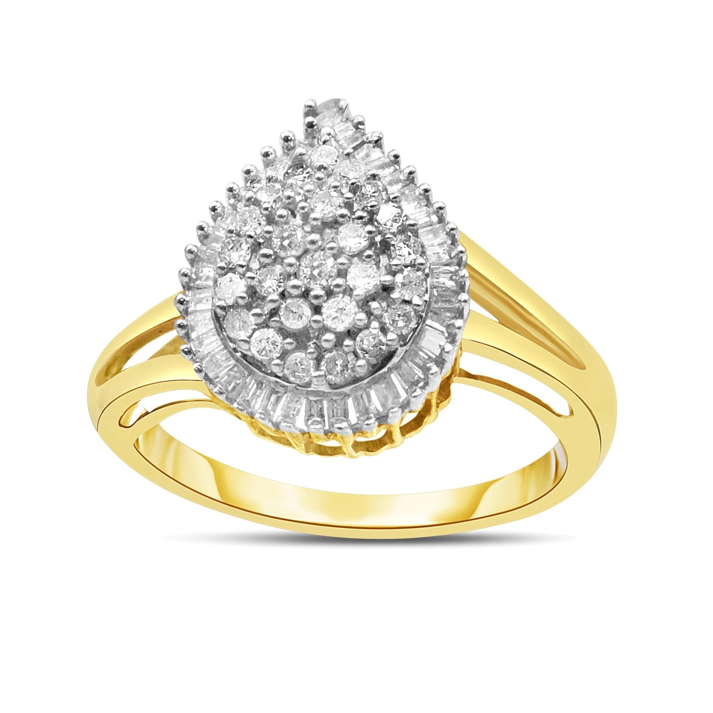 Close-up front angle of a yellow metal ring with a teardrop-shaped cluster of white round and baguette gemstones in prong settings.