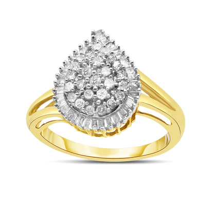 Close-up front angle of a yellow metal ring with a teardrop-shaped cluster of white round and baguette gemstones in prong settings.