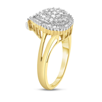 Side angle view of a yellow metal ring with a pear-shaped cluster of prong-set white round and baguette gemstones on top.