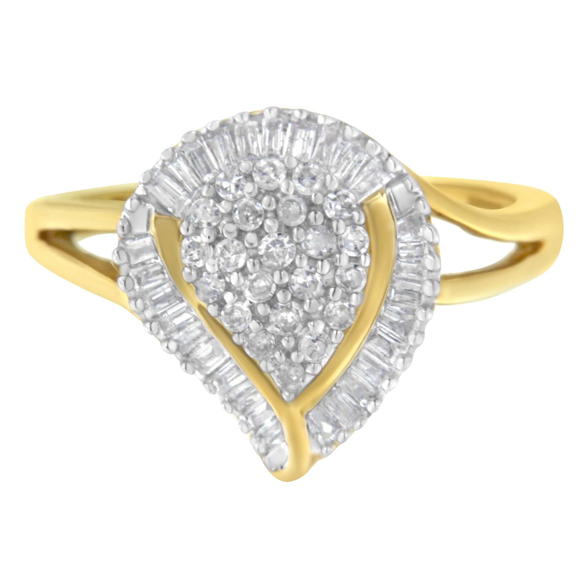 Front angle view of a yellow metal ring featuring a pear-shaped cluster of round prong-set white gemstones in the center, surrounded by baguette channel-set white gemstones following the pear shape.