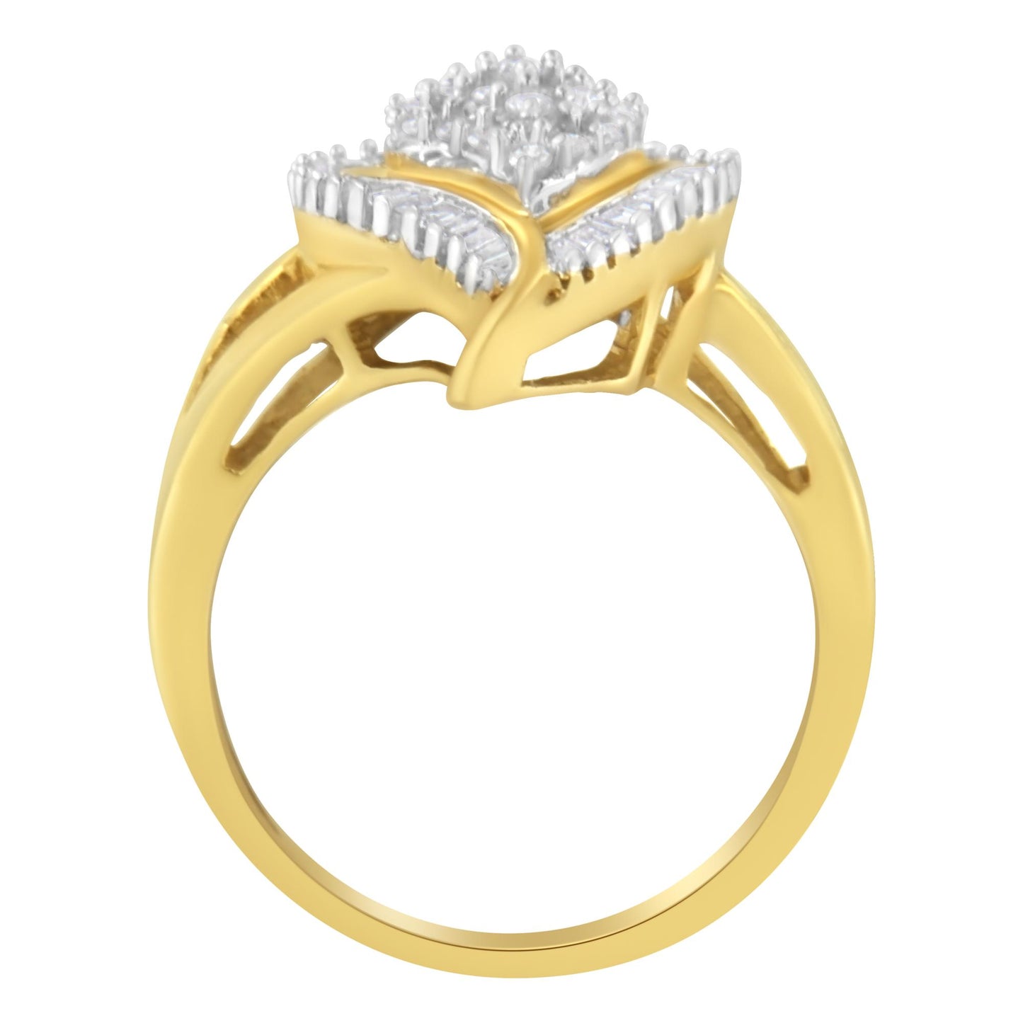 Front angle view of a yellow metal ring with round white gemstones in prong settings and baguette white gemstones in channel settings forming a square cluster design.