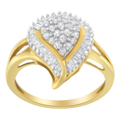 Close-up front angle of a yellow metal ring featuring multiple round white gemstones in prong settings clustered at the center, surrounded by white baguette gemstones in channel settings forming a curved design.