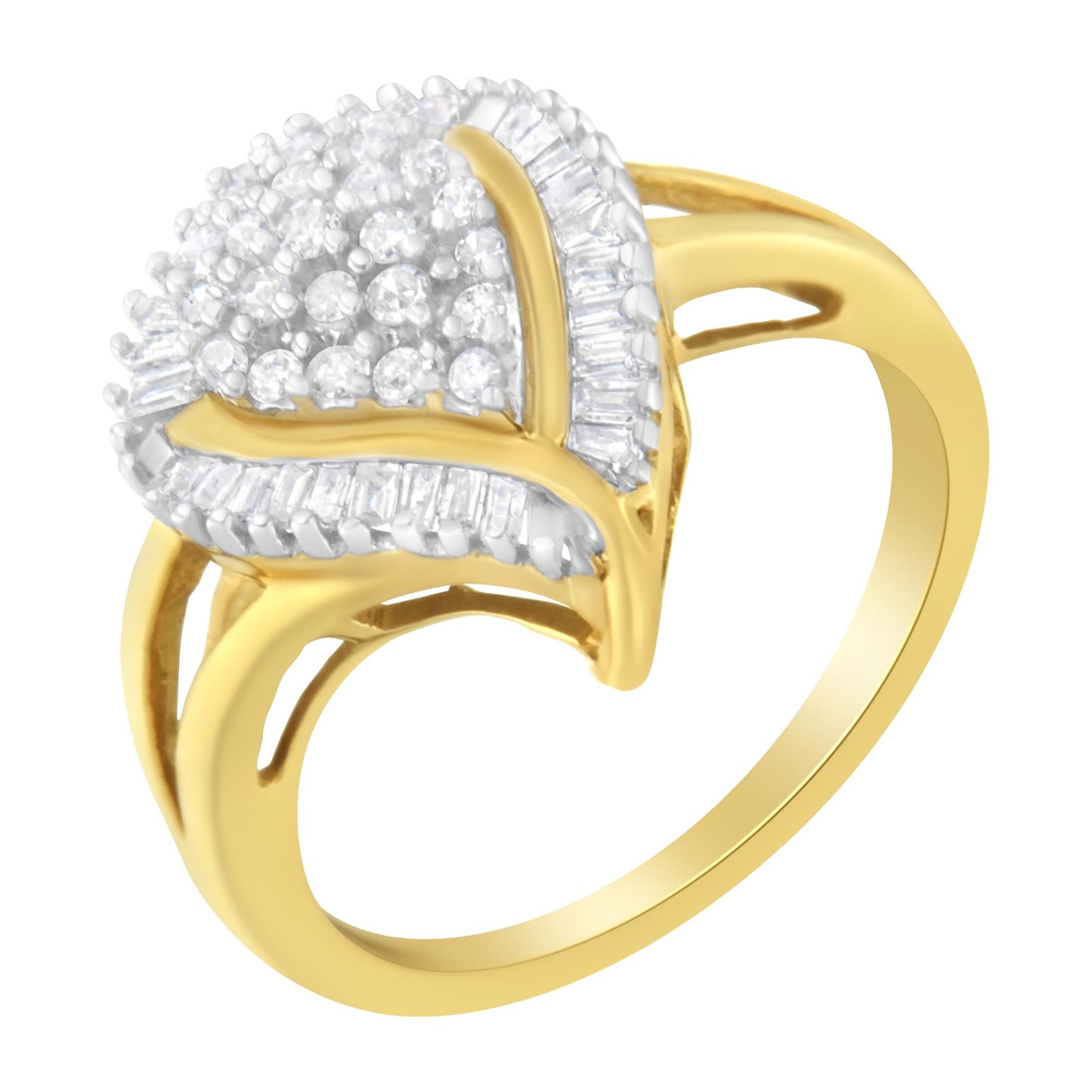 Yellow metal ring with cluster of round white gemstones in prong settings and surrounding baguette white gemstones in channel settings, angled top view.