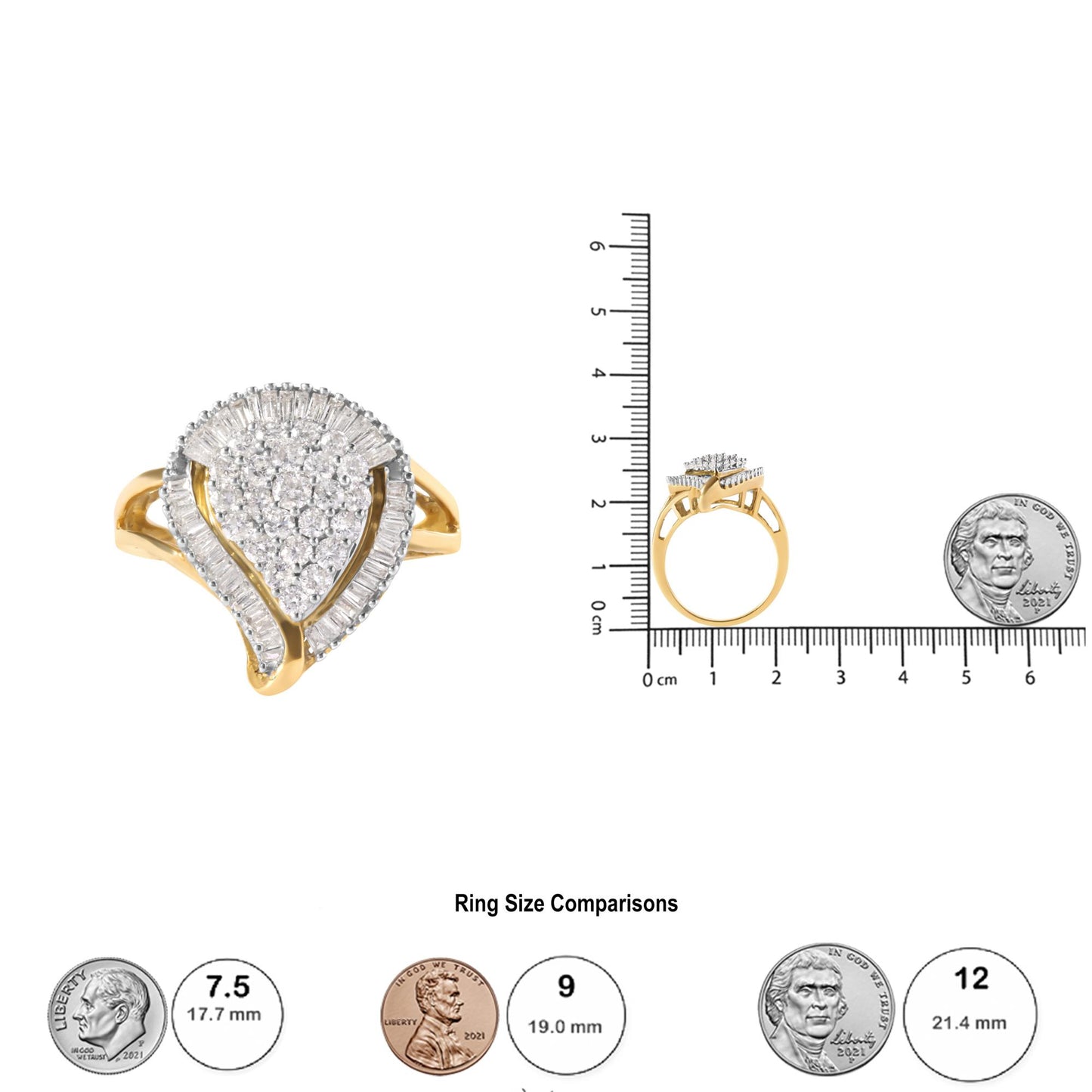 Yellow ring with a teardrop shape design featuring white round and baguette gemstones in prong settings, shown from top and side angles on a ruler for size reference.