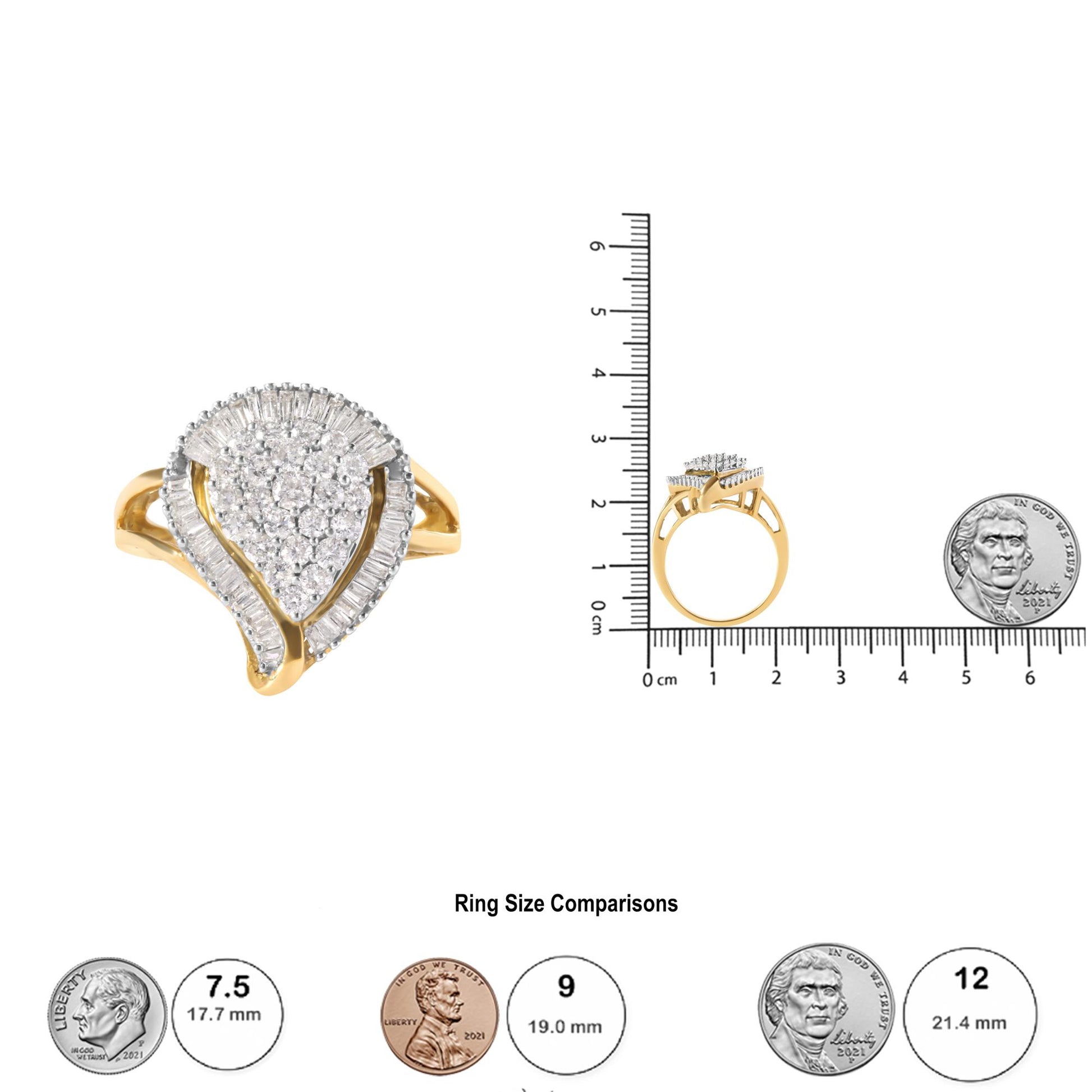 Yellow ring with a teardrop shape design featuring white round and baguette gemstones in prong settings, shown from top and side angles on a ruler for size reference.