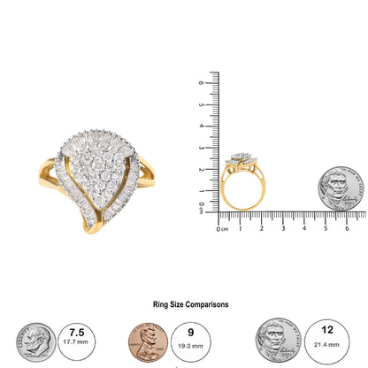 Yellow ring with a teardrop shape design featuring white round and baguette gemstones in prong settings, shown from top and side angles on a ruler for size reference.