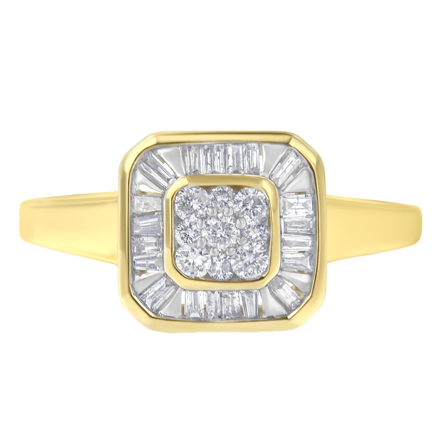 Front-facing view of a yellow ring featuring a cluster of round white gemstones in prong settings at the center, surrounded by a border of baguette-shaped white gemstones in channel settings.
