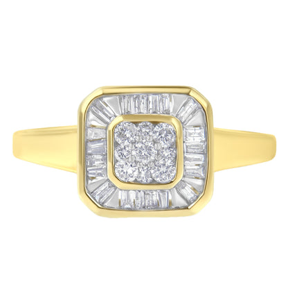 Front-facing view of a yellow ring featuring a cluster of round white gemstones in prong settings at the center, surrounded by a border of baguette-shaped white gemstones in channel settings.