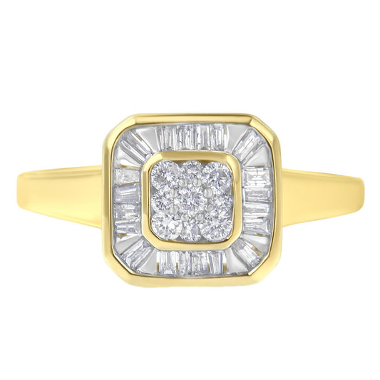 Front-facing view of a yellow ring featuring a cluster of round white gemstones in prong settings at the center, surrounded by a border of baguette-shaped white gemstones in channel settings.