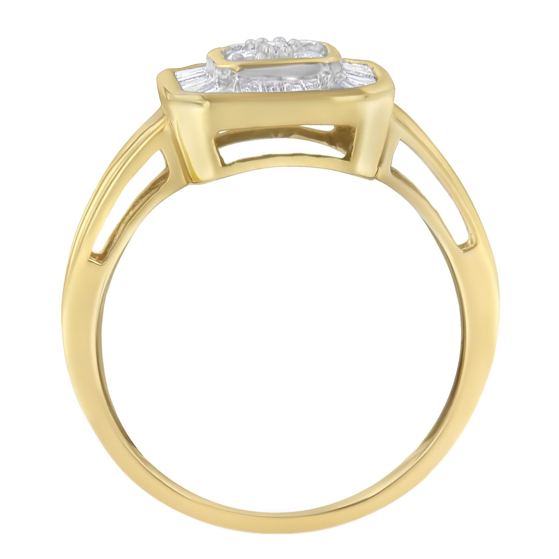 Side angle view of a yellow ring featuring a cluster of white round prong-set gemstones on top, surrounded by channel-set baguette white gemstones.