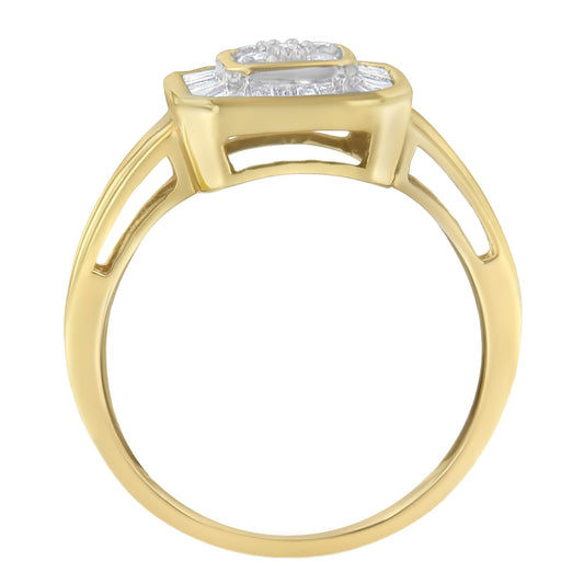 Side angle view of a yellow ring featuring a cluster of white round prong-set gemstones on top, surrounded by channel-set baguette white gemstones.