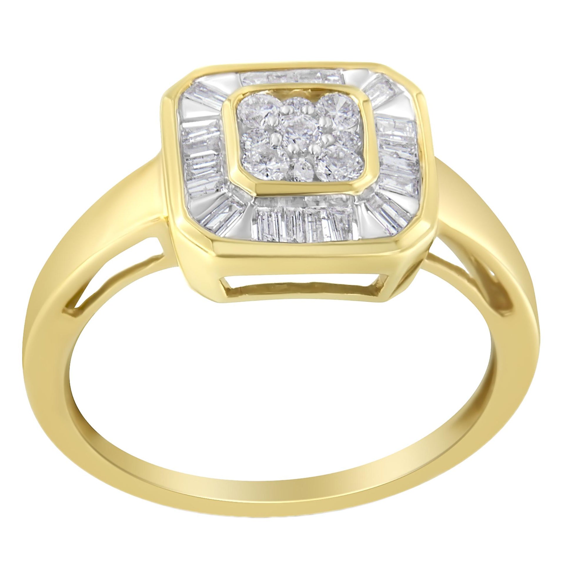 Front angled view of a yellow ring featuring a square cluster of round white gemstones in prong settings, surrounded by a border of baguette-shaped white gemstones in channel settings.