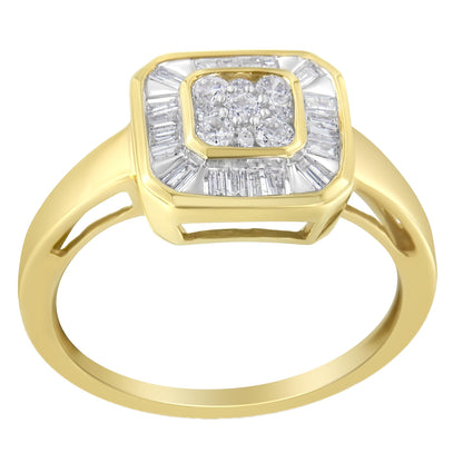 Front angled view of a yellow ring featuring a square cluster of round white gemstones in prong settings, surrounded by a border of baguette-shaped white gemstones in channel settings.