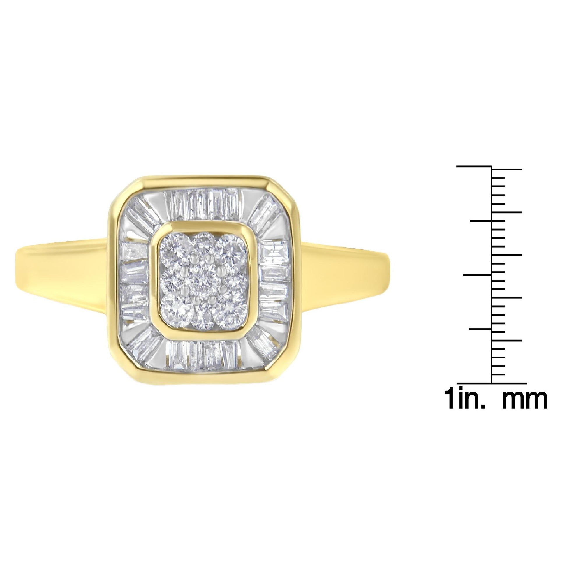 Front view of a yellow ring with a cluster of round white gemstones in prong settings at the center, surrounded by a border of baguette white gemstones in channel settings; the ring is shown next to a ruler for size reference.