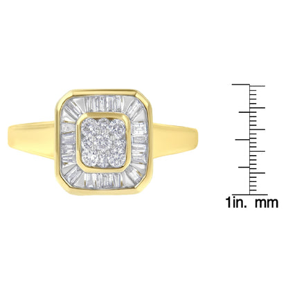 Front view of a yellow ring with a cluster of round white gemstones in prong settings at the center, surrounded by a border of baguette white gemstones in channel settings; the ring is shown next to a ruler for size reference.