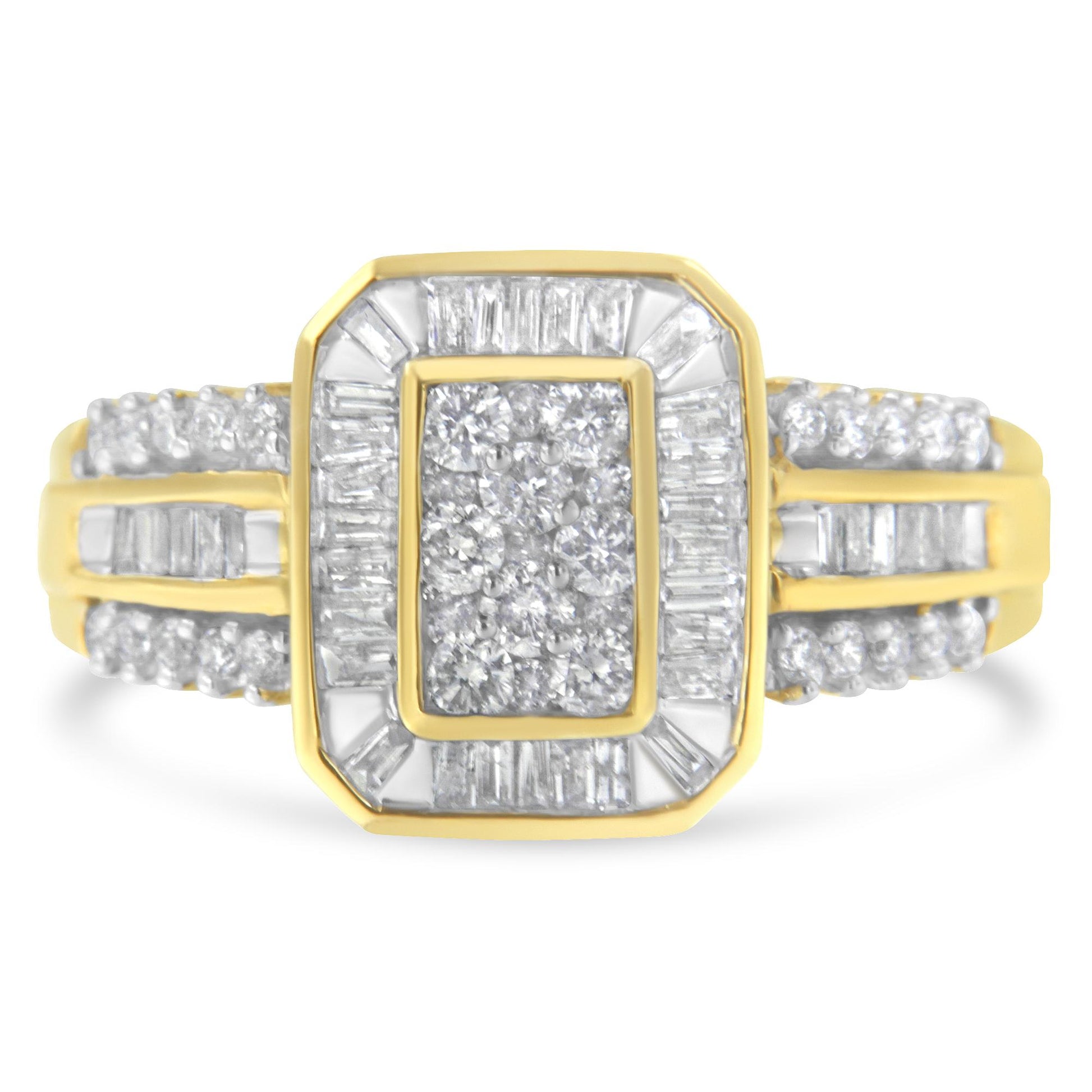 Front angled view of a yellow ring with multiple round and baguette-shaped white gemstones set in prong and channel settings forming a rectangular center design.