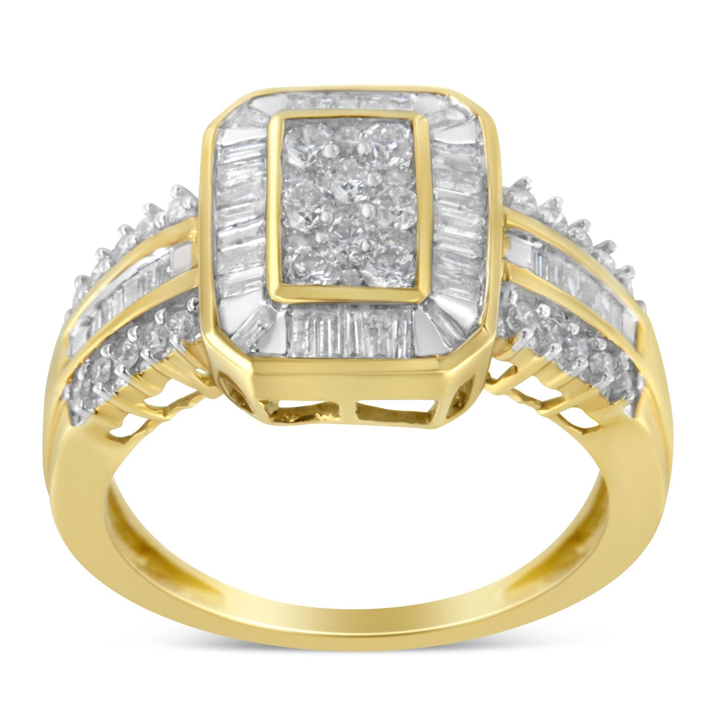 Front-facing close-up of a yellow ring with a square cluster of round white gemstones in prong setting at the center, surrounded by a border of baguette white gemstones in channel setting, and additional round and baguette white gemstones adorning the band.