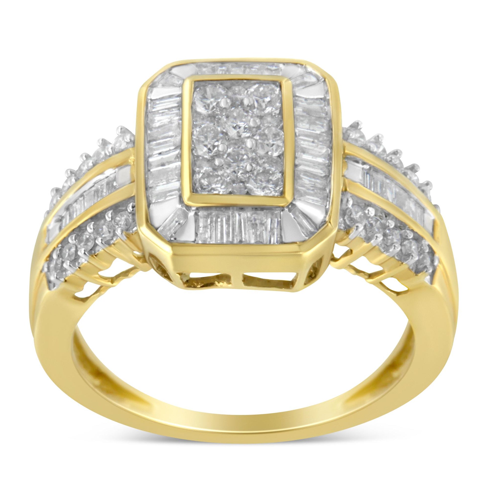 Front-facing close-up of a yellow ring with a square cluster of round white gemstones in prong setting at the center, surrounded by a border of baguette white gemstones in channel setting, and additional round and baguette white gemstones adorning the band.