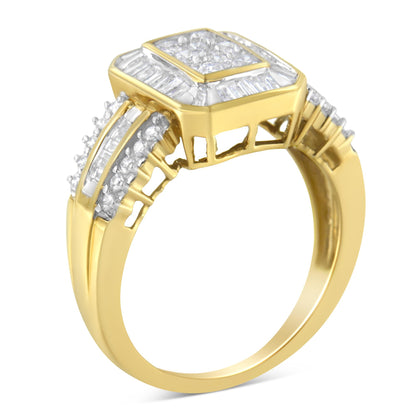 Yellow metal ring with multiple white round and baguette-shaped gemstones in prong and channel settings, shown from a side angle.
