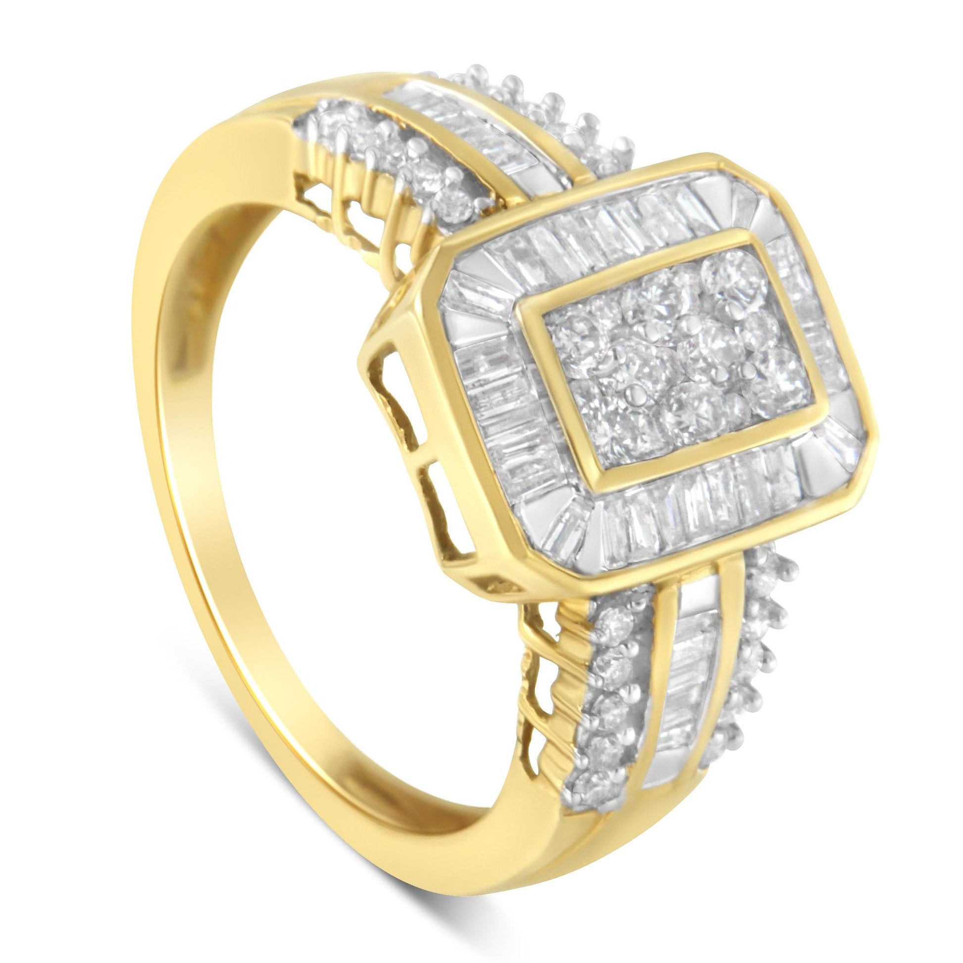 Yellow metal ring with a square top featuring round and baguette white gemstones, shown in a close angled view.