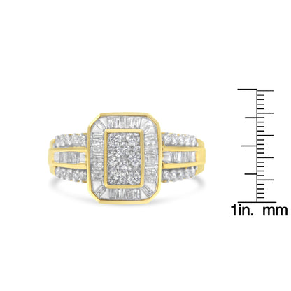Front-facing image of a yellow ring with round and baguette white gemstones in prong and channel settings, shown next to a scale for size reference.
