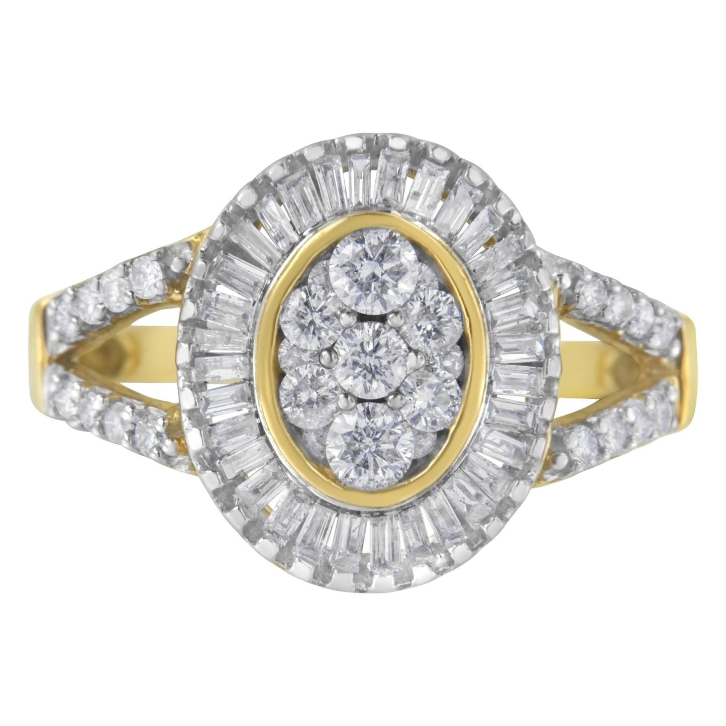 Top-down close-up of a yellow ring with an oval center featuring round white gemstones surrounded by a halo of baguette white gemstones and additional round white gemstones along split shank.