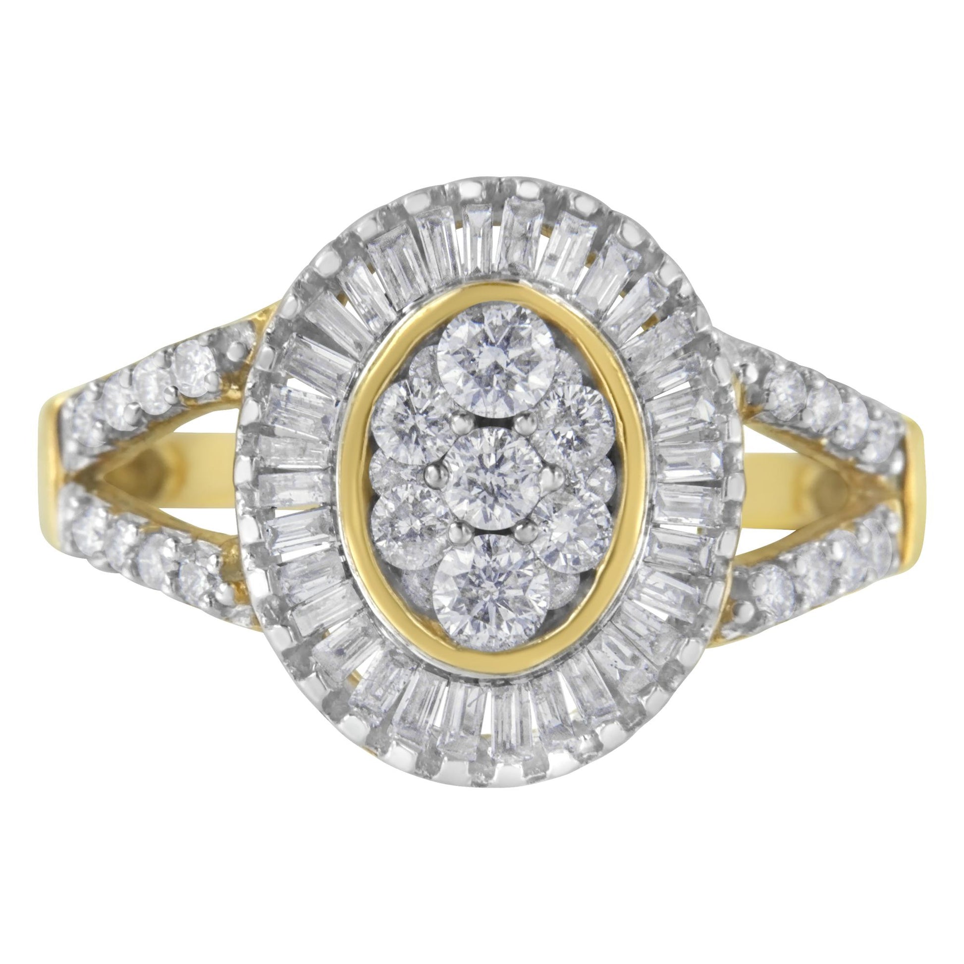Top-down close-up of a yellow ring with an oval center featuring round white gemstones surrounded by a halo of baguette white gemstones and additional round white gemstones along split shank.