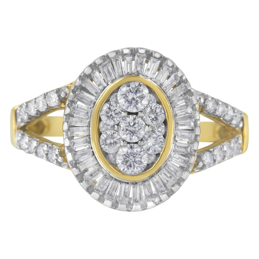 Top-down close-up of a yellow ring with an oval center featuring round white gemstones surrounded by a halo of baguette white gemstones and additional round white gemstones along split shank.