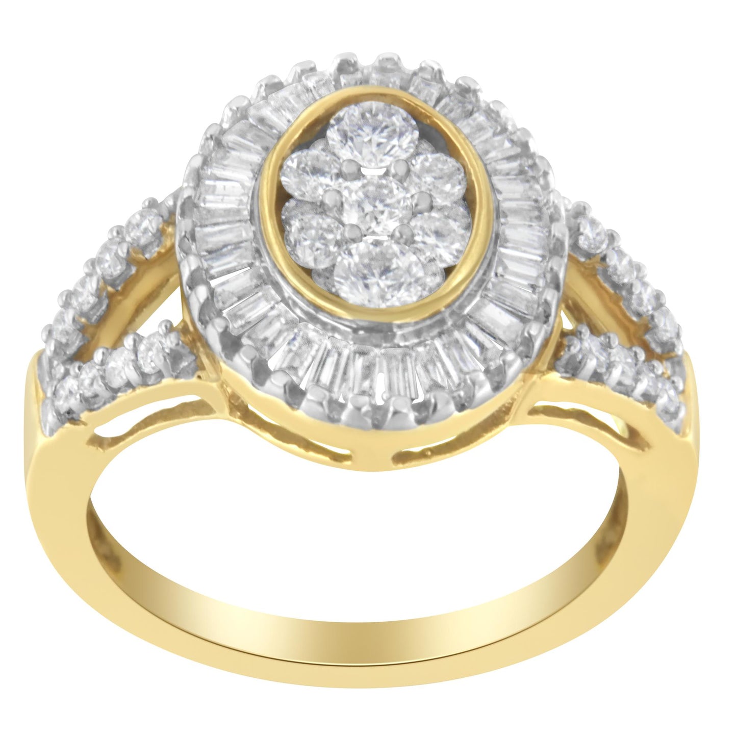 Front angle view of a yellow ring with a circular cluster of round white gemstones in the center, surrounded by a halo of baguette-shaped white gemstones, and additional round white gemstones on the split shank.