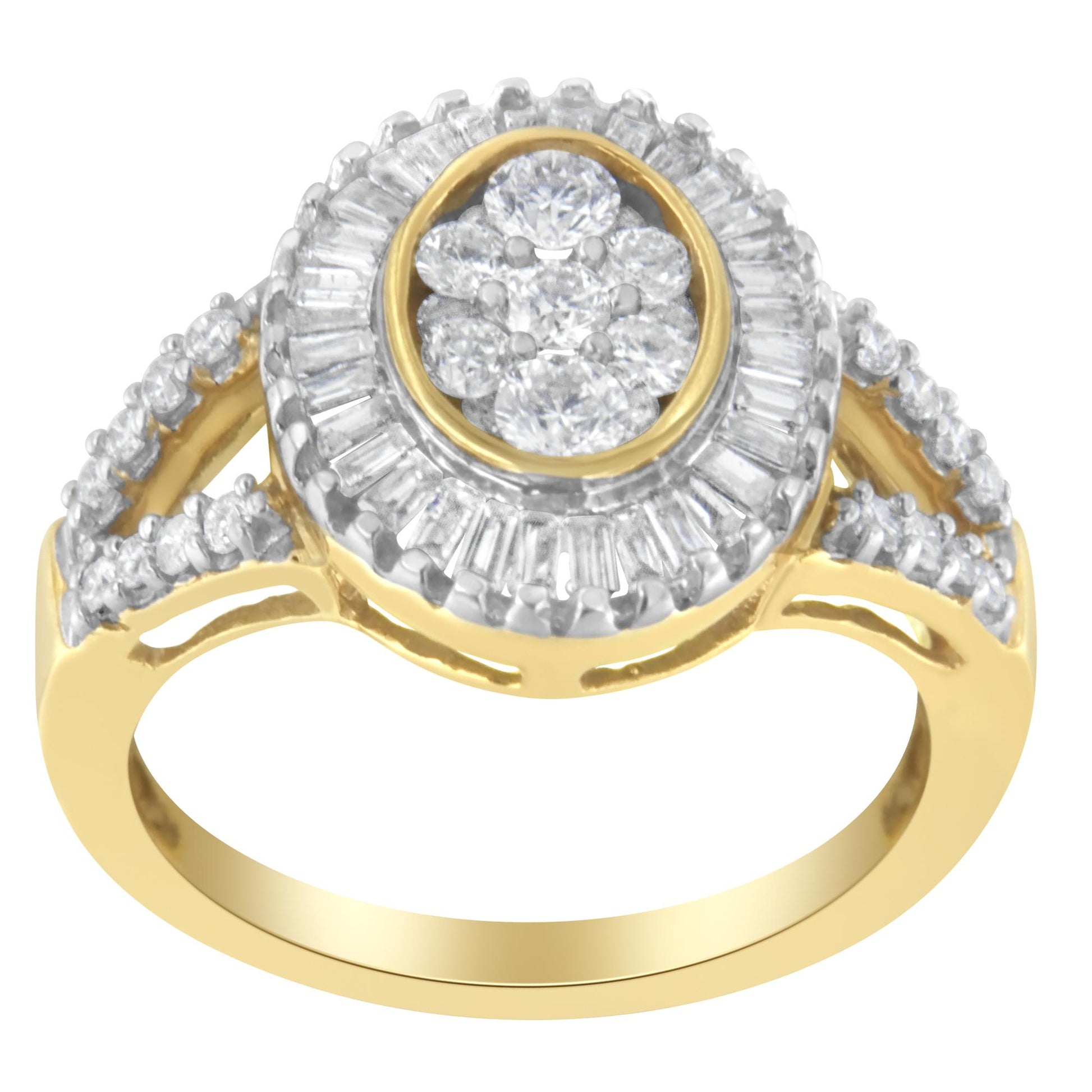 Front angle view of a yellow ring with a circular cluster of round white gemstones in the center, surrounded by a halo of baguette-shaped white gemstones, and additional round white gemstones on the split shank.