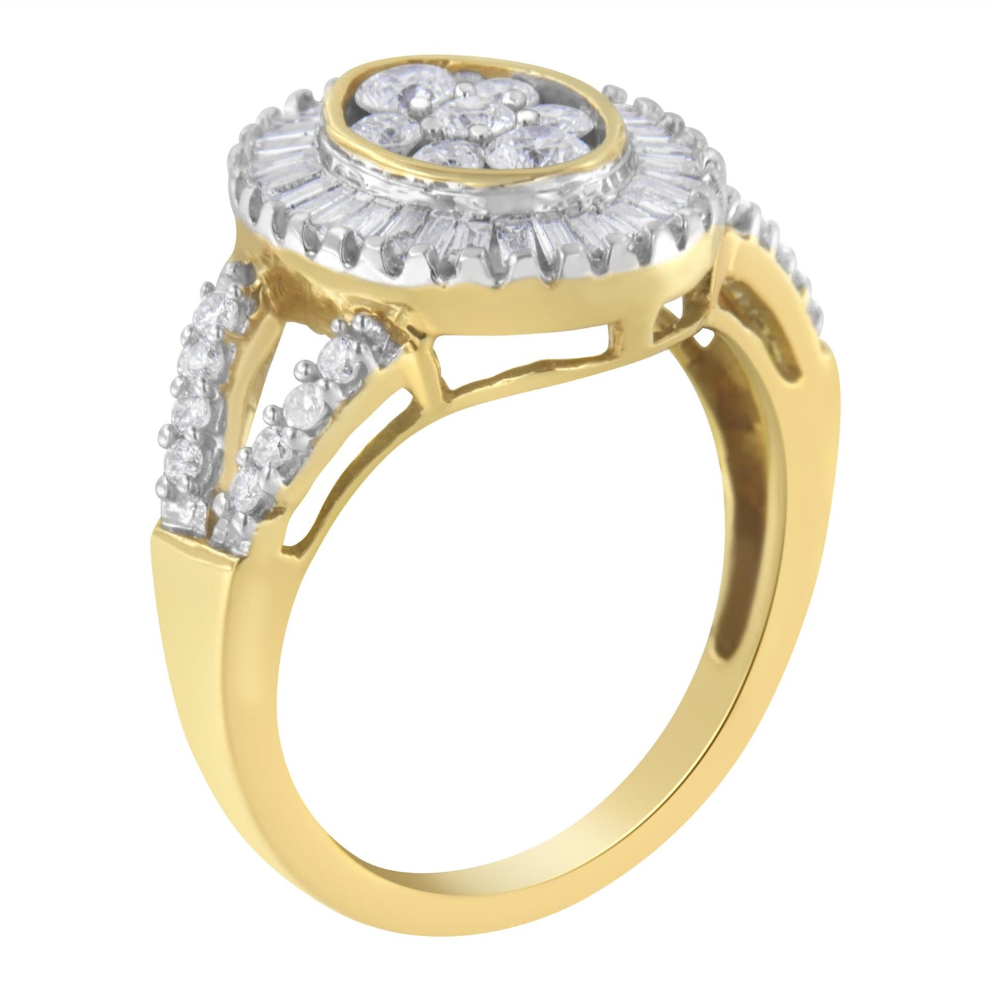 Yellow metal ring with round and baguette white gemstones in prong settings, shown in a side angled view.