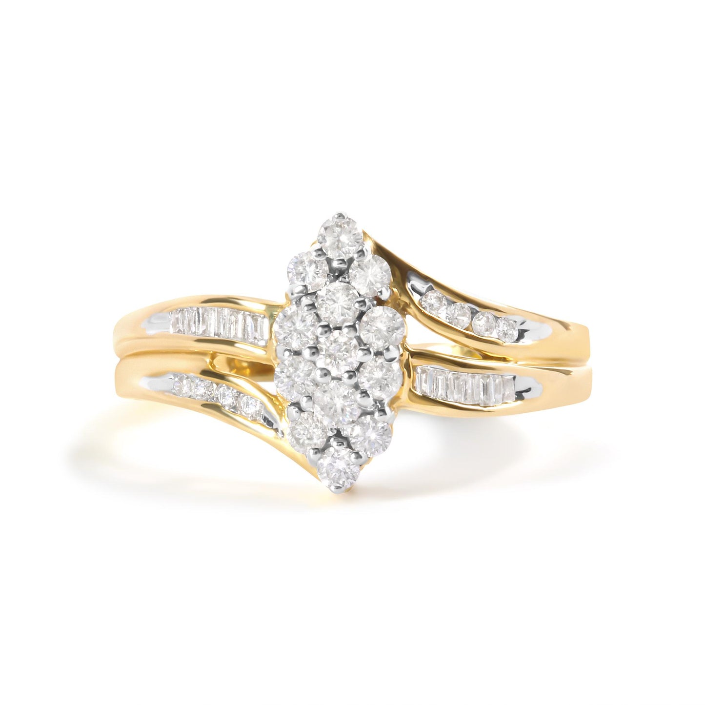 Yellow metal ring with cluster of round white gemstones in prong settings and baguette white gemstones in channel settings, shown at a slight angle.