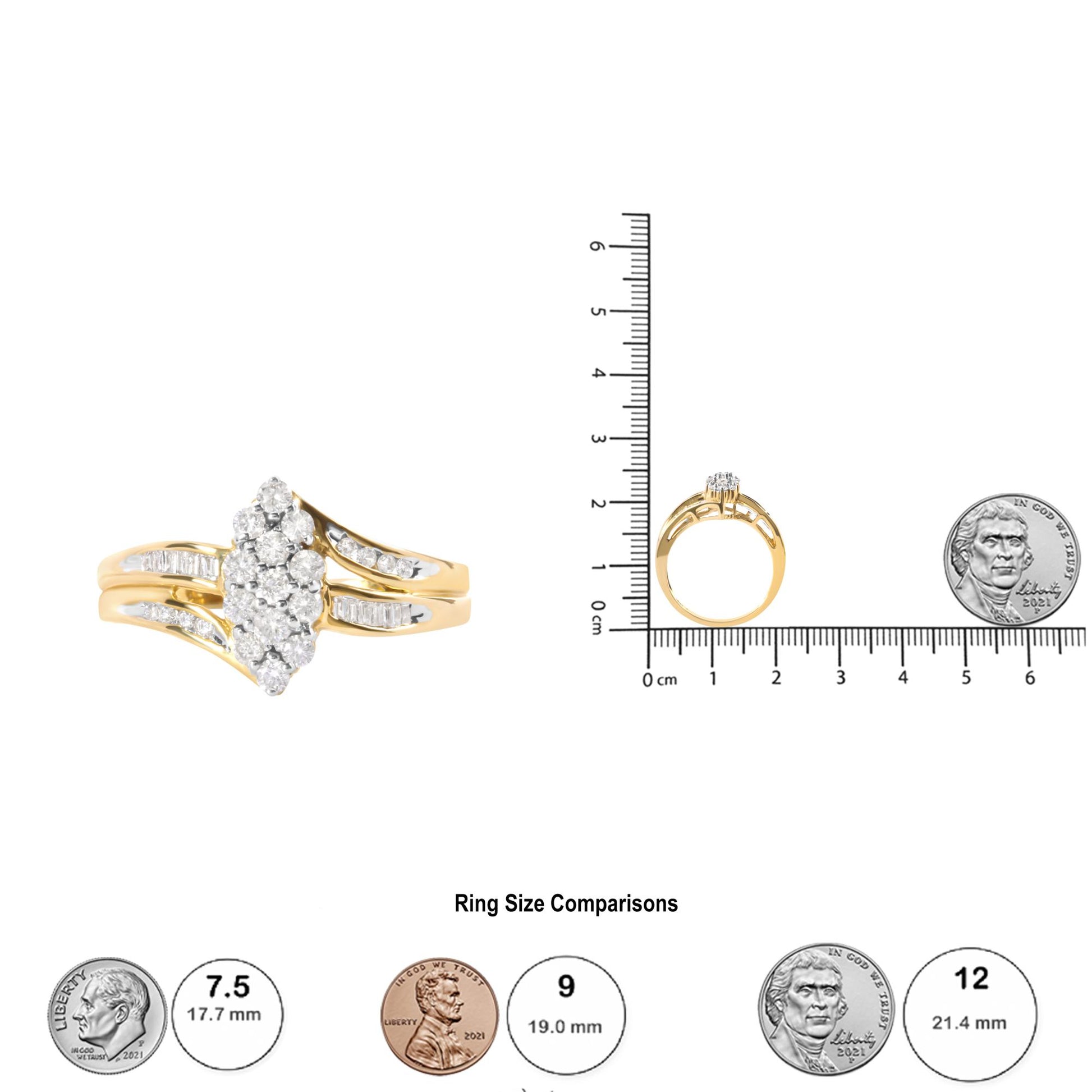 Yellow ring with a cluster of round white gemstones in prong settings and baguette white gemstones in channel settings, shown in a front close-up and side profile view, placed on a ruler for size reference.