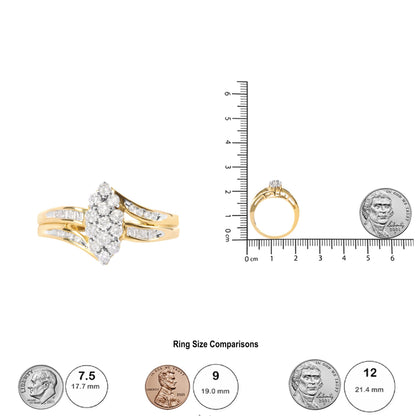 Yellow ring with a cluster of round white gemstones in prong settings and baguette white gemstones in channel settings, shown in a front close-up and side profile view, placed on a ruler for size reference.
