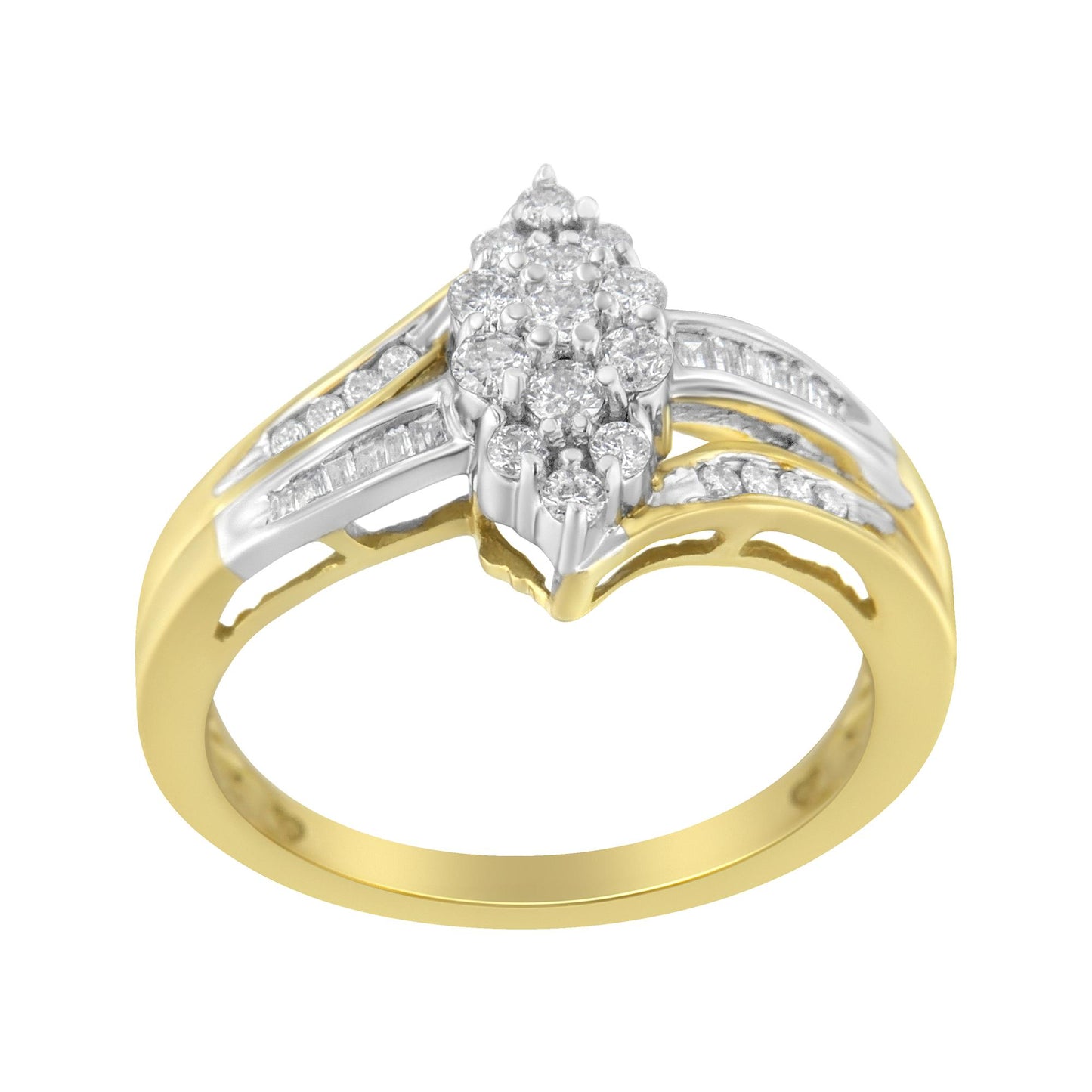 Ring with yellow and white metal, featuring round white gemstones in prong settings at the center and baguette-shaped white gemstones in channel settings along the band, shown at a front angle.