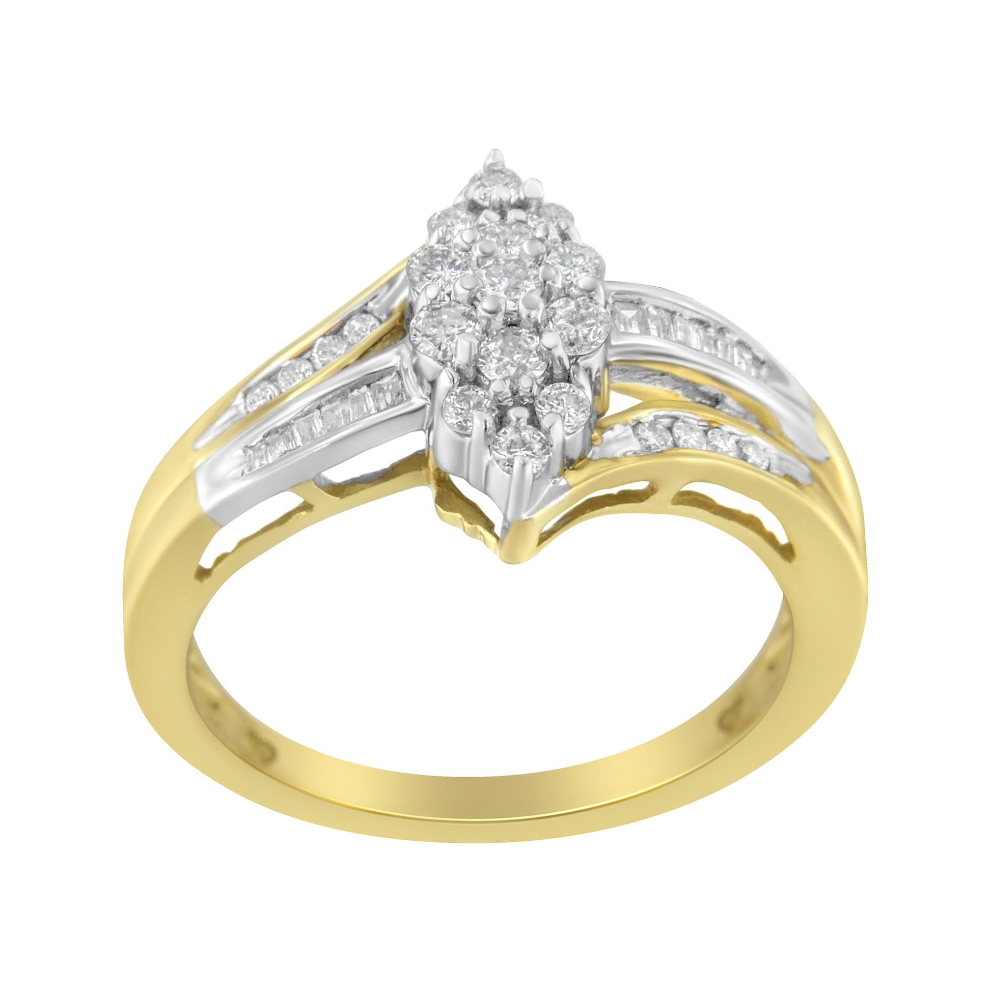 Ring with yellow and white metal, featuring round white gemstones in prong settings at the center and baguette-shaped white gemstones in channel settings along the band, shown at a front angle.