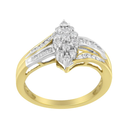 Ring with yellow and white metal, featuring round white gemstones in prong settings at the center and baguette-shaped white gemstones in channel settings along the band, shown at a front angle.