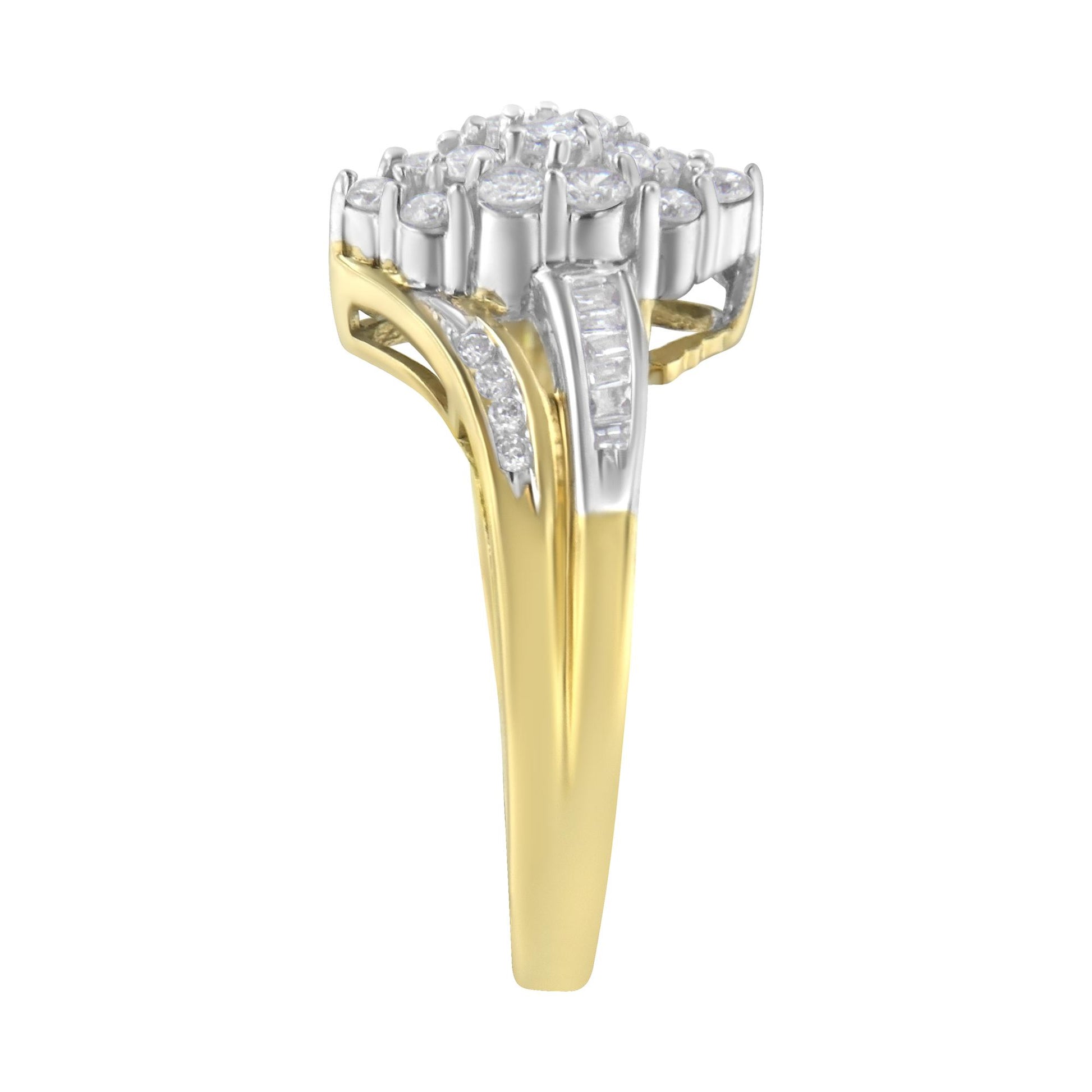 Side view of a yellow and white metal ring featuring round white gemstones in prong settings and baguette white gemstones in channel settings.