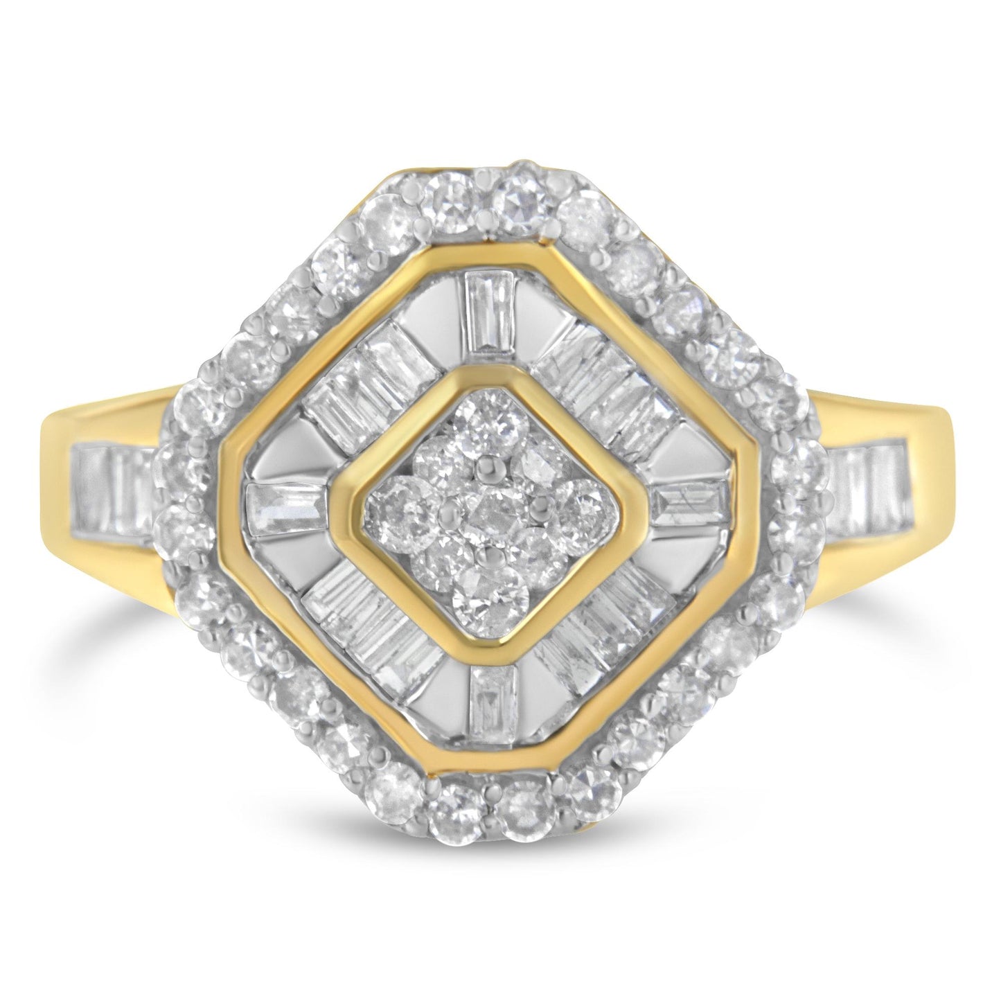 Front-facing view of a yellow metal ring featuring a square-shaped cluster of round prong-set white gemstones at the center, surrounded by baguette channel-set white gemstones, and an outer border of round prong-set white gemstones.