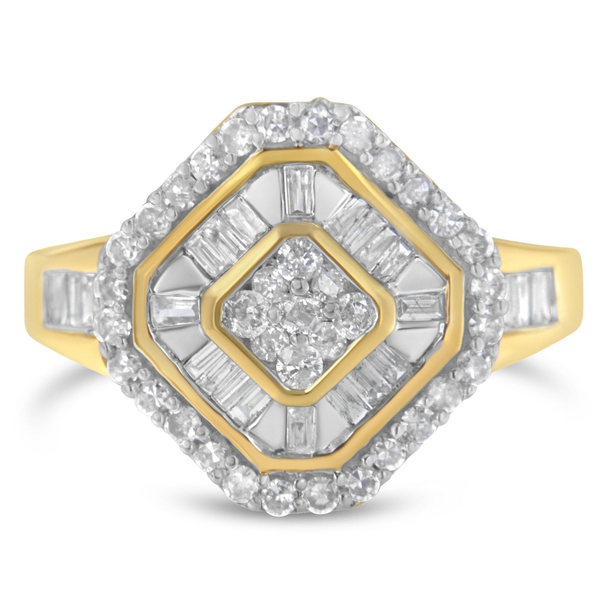 Front-facing view of a yellow metal ring featuring a square-shaped cluster of round prong-set white gemstones at the center, surrounded by baguette channel-set white gemstones, and an outer border of round prong-set white gemstones.