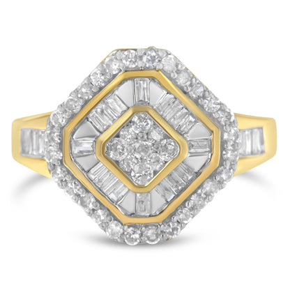 Front-facing view of a yellow metal ring featuring a square-shaped cluster of round prong-set white gemstones at the center, surrounded by baguette channel-set white gemstones, and an outer border of round prong-set white gemstones.