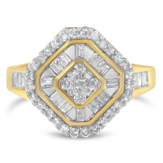 Front-facing view of a yellow metal ring featuring a square-shaped cluster of round prong-set white gemstones at the center, surrounded by baguette channel-set white gemstones, and an outer border of round prong-set white gemstones.