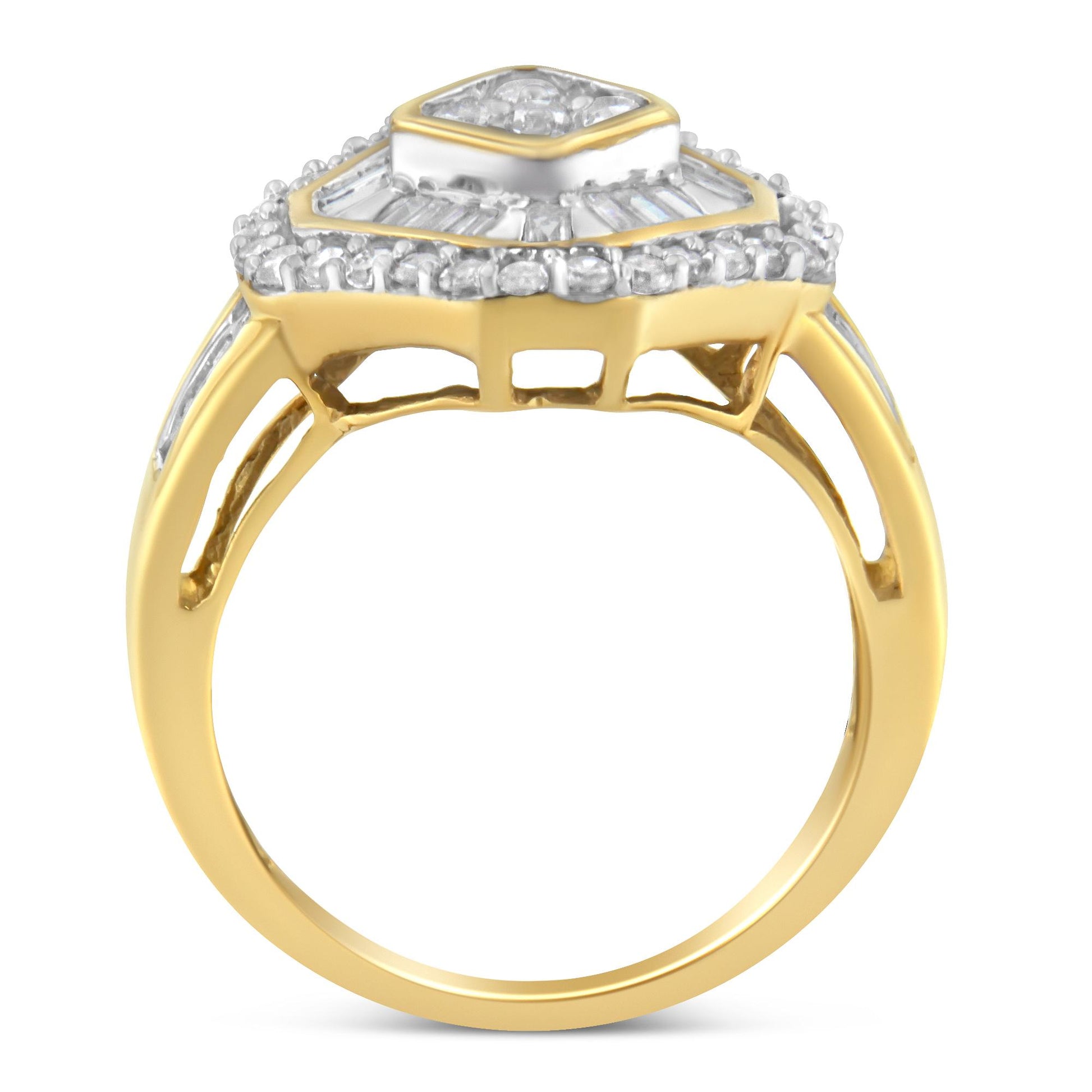 Yellow metal ring with a multi-tiered square top featuring white round and baguette gemstones, side view.
