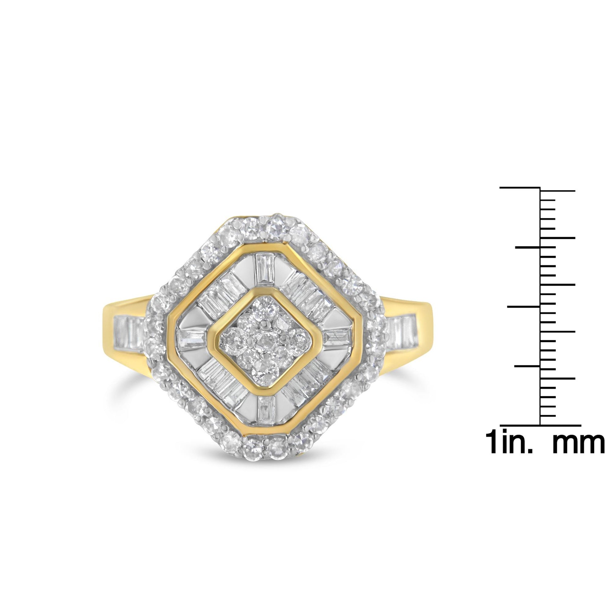 Front-facing view of a yellow metal ring with multiple white gemstones in round and baguette shapes, some prong-set and some channel-set, displayed next to a ruler for size reference.